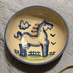M.A. Hadley 8” Serving Bowl Blue White Horse Fence Pasture Signed Vintage